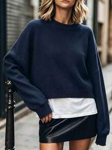 Celisse Women's Solid Color Simple Casual Crew Neck Long Sleeve White Sweater - Navy Blue - View 3