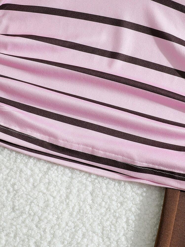 SHEIN Setelan 2 Potong Kaos untuk Anak Perempuan Remaja, Kasual, Minimalis, Longgar, Rajut, Kembali ke Sekolah, Vintage, Ramping, Pakaian Musim Gugur, Musim Gugur, Setelan Pakaian Anak Perempuan Berkerut Garis-garis - MultiWarna - View 7