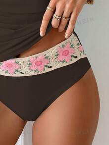 SHEIN Swim 時尚純色成熟風蕾絲飾邊抓皺細肩帶女款夏季背心比基尼兩件套 - 棕色 - 查看 3