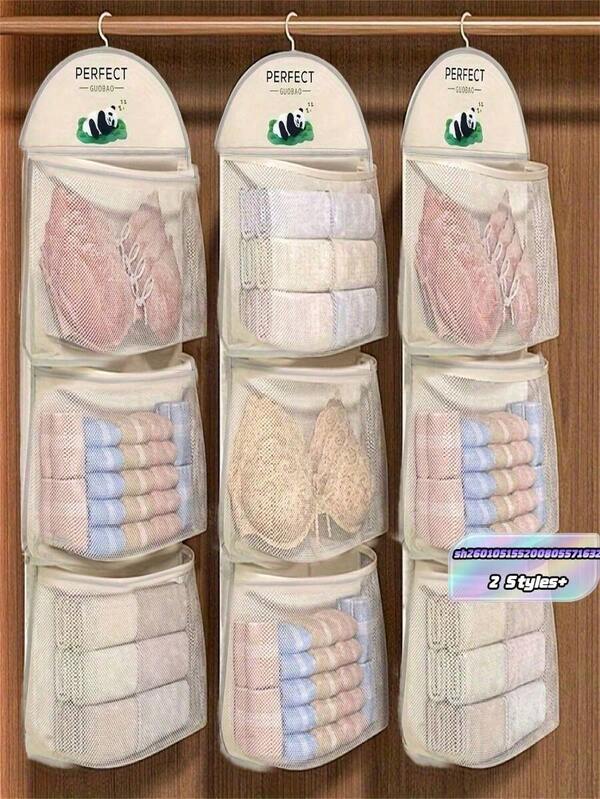 3-Layer Hanging Underwear, Socks, And Bra Storage Net Bag - Suitable For Dorm And Home Wall-Mounted Transparent Pocket Design | Multi-Layer Clothing Organization Storage Bag