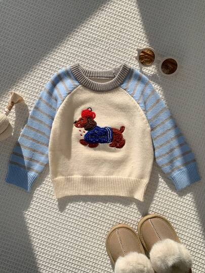 SHEIN Baby Boy Baby Girl Autumn/Winter Casual Cute Puppy Pattern Sweater, Cute Sweater, Infant Sweater, Blue Sweater, Christmas Sweater