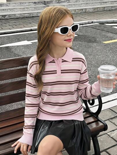 SHEIN Sweater Polo Bergaris Kasual untuk Remaja Perempuan Musim Gugur/Dingin