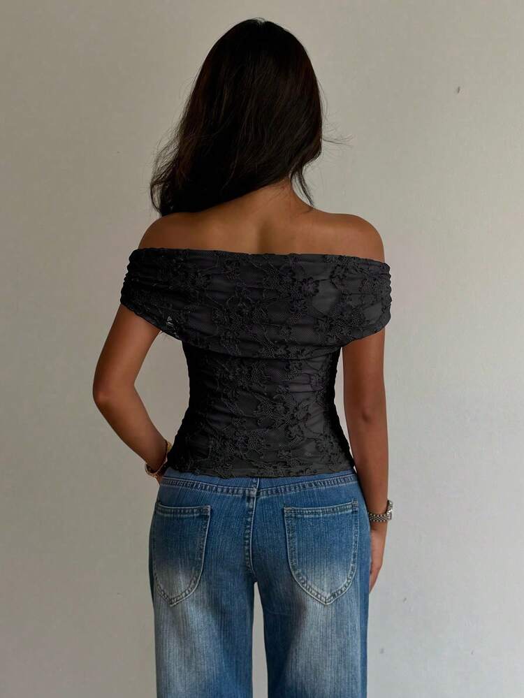 Siren Gaze Women's Off-Shoulder Lace Fitted Versatile Casual T-Shirt - Black - View 2