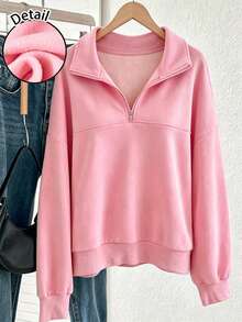 SHEIN 青少年女孩淺粉色抓絨內裡半拉鍊前開襟休閒寬鬆衛衣 - 粉色 - 查看 8
