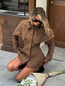 Serisse Overcoat Wanita Warna Polos Kerah Lapel Kasual Harian Musim Gugur Gaya Dark Academia Campuran Wol Slim Fit Capelet - Coklat - View 6