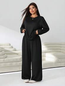 Solflare Women's Solid Color Long Sleeve Top And Pants Casual Daily Set Fall - Black - View 5