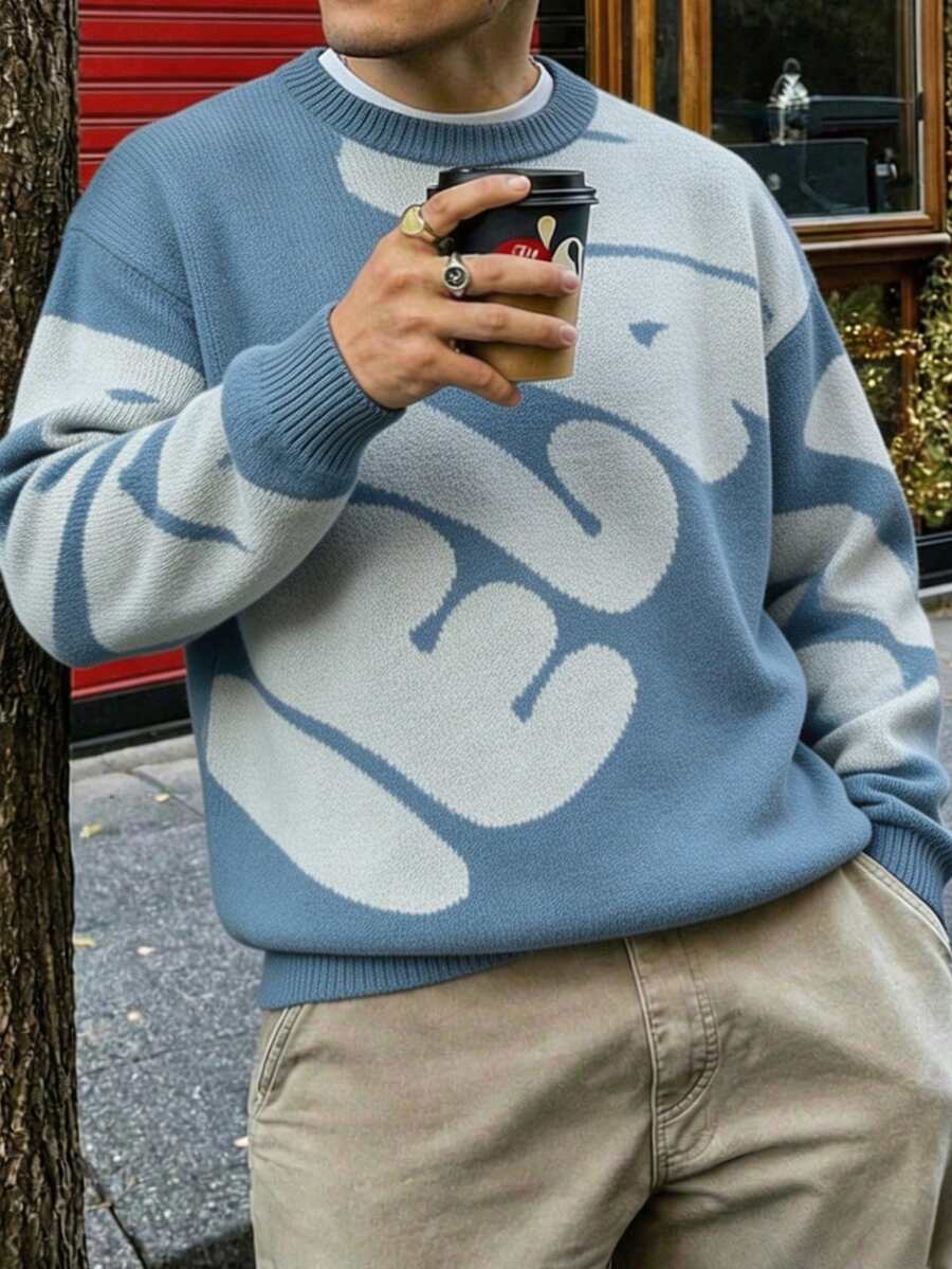 Manfinity EMRG Men's Letter Pattern Crew Neck Long Sleeve Casual Streetwear Sweater Back-To-School Vacation Holiday Blue And White Autumn - Baby Blue - View 1