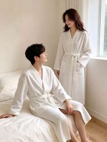 1 Piece New White Unisex Couple Bathrobe, Long-Sleeve Full-Length Bath Towel Robe. Crafted From Water-Absorbent, Quick-Drying And Breathable Fabric, It Is Ultra-Soft And Skin-Friendly, Suitable For All Seasons. An Essential Home & Vacation Staple. - White - View 8