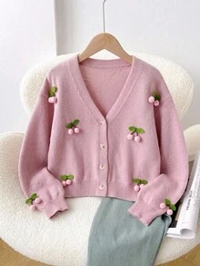 SHEIN Vintaside Kids 女童甜美可愛 3D 粉色櫻桃與蓮花粉短版開襟針織外套，V 領長袖落肩針織毛衣，適合居家、休閒、外穿、購物、聚會，秋冬款 - 藕粉色 - 查看 1