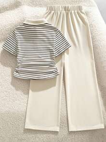 SHEIN 青少年女孩 T-shirt 兩件套，休閒簡約寬鬆針織，開學季復古修身秋季女童條紋抓皺套裝 - 彩色 - 查看 2