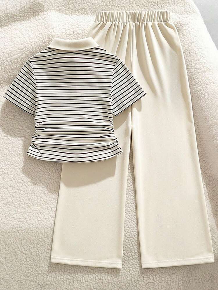 SHEIN Tween Girls T-Shirt 2-Piece Set, Casual, Minimalist, Loose, Knit, Back To School, Vintage, Slim, Fall Clothes, Fall, Ruched Girls Outfit Sets Stripe - Multicolor - View 2