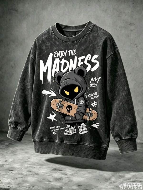 1pc Young Boys Autumn/Winter 3D Faux-Wash Watermark Cartoon Skateboard Character Streetwear Crew Neck Long Sleeve Fleece Pullover Sweatshirt