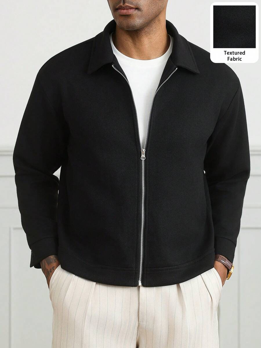 HUEFORM Men's Black Lapel Zip-Up Wool Short Jacket, Simple Clean Style Versatile Outerwear - Black - View 1