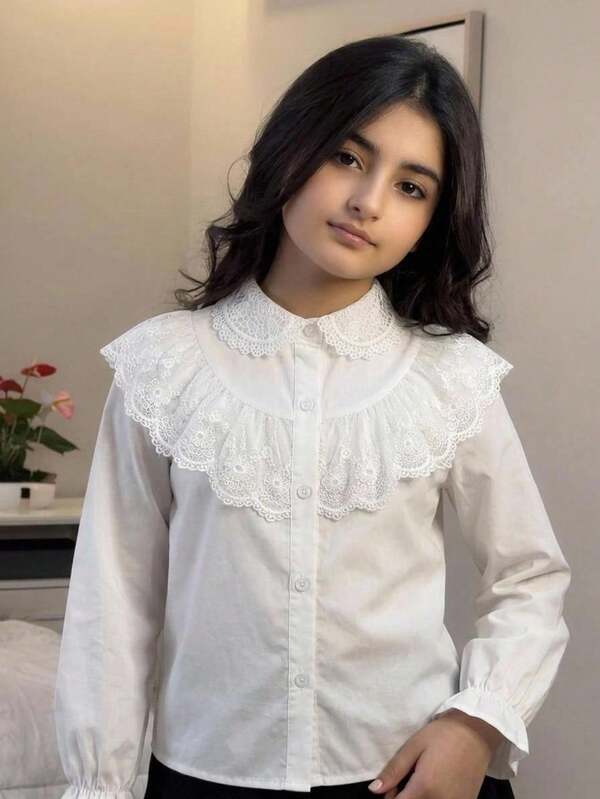 SHEIN Tween Girl Kids Casual College Vintage Elegant Fitted Patchwork Lace Trim Turn-Down Collar Puff Long Sleeve Button Front White Woven Solid Color Blouse