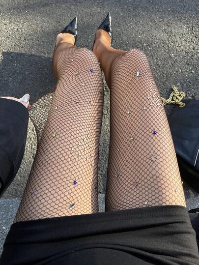 DAZY Women's Rhinestone Decorated Fishnet Fashion Leggings