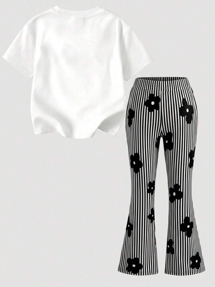 Kids Young Girl Casual Minimalist Cartoon Pattern Round Neck Short Sleeve Top & Flare Pants 2-Piece Set, Suitable For Summer - Multicolor - View 2