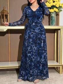 Feyla Plus Size Women's Butterfly Print V-Neck Long Sleeve 3D Floral Decor Elegant Dress - Multicolor - View 5