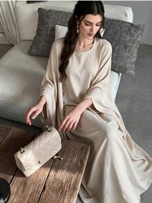 Yasmyna Beige Batwing Sleeve Abaya, Loose Draped Muslim Dress Formal Christening Guest Winter Modest Casual - Beige - View 9