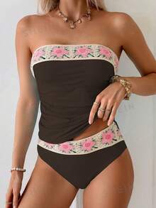 SHEIN Swim 時尚純色成熟風蕾絲飾邊抓皺細肩帶女款夏季背心比基尼兩件套 - 棕色 - 查看 5