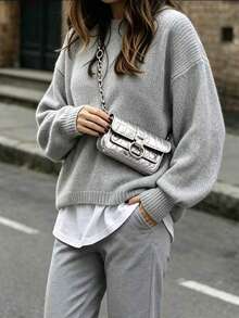 SHEIN LUNE Women's Solid Color Simple Casual Crew Neck Long Sleeve White Sweater - Grey - View 4