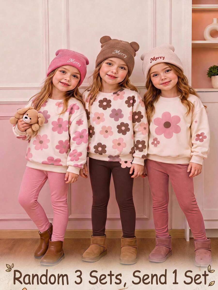 Kids Young Girl Casual Crew Neck Long Sleeve Sweatshirt & Leggings 2 Pieces Set, Suitable For Autumn/Winter Pull - Multicolor - View 1