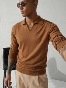 Manfinity CasualKnits 男士休閒百搭素色毛衣 - 棕色 - 查看 2