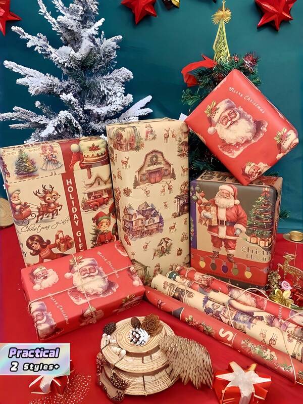 10 lembar Kertas Pembungkus Poster Vintage 19,69x27,56 inci Motif Santa Claus dan Manusia Salju, Perlengkapan Pembungkus Kado Liburan, Dekorasi Pohon Natal, dan Tema Negeri Ajaib Musim Dingin