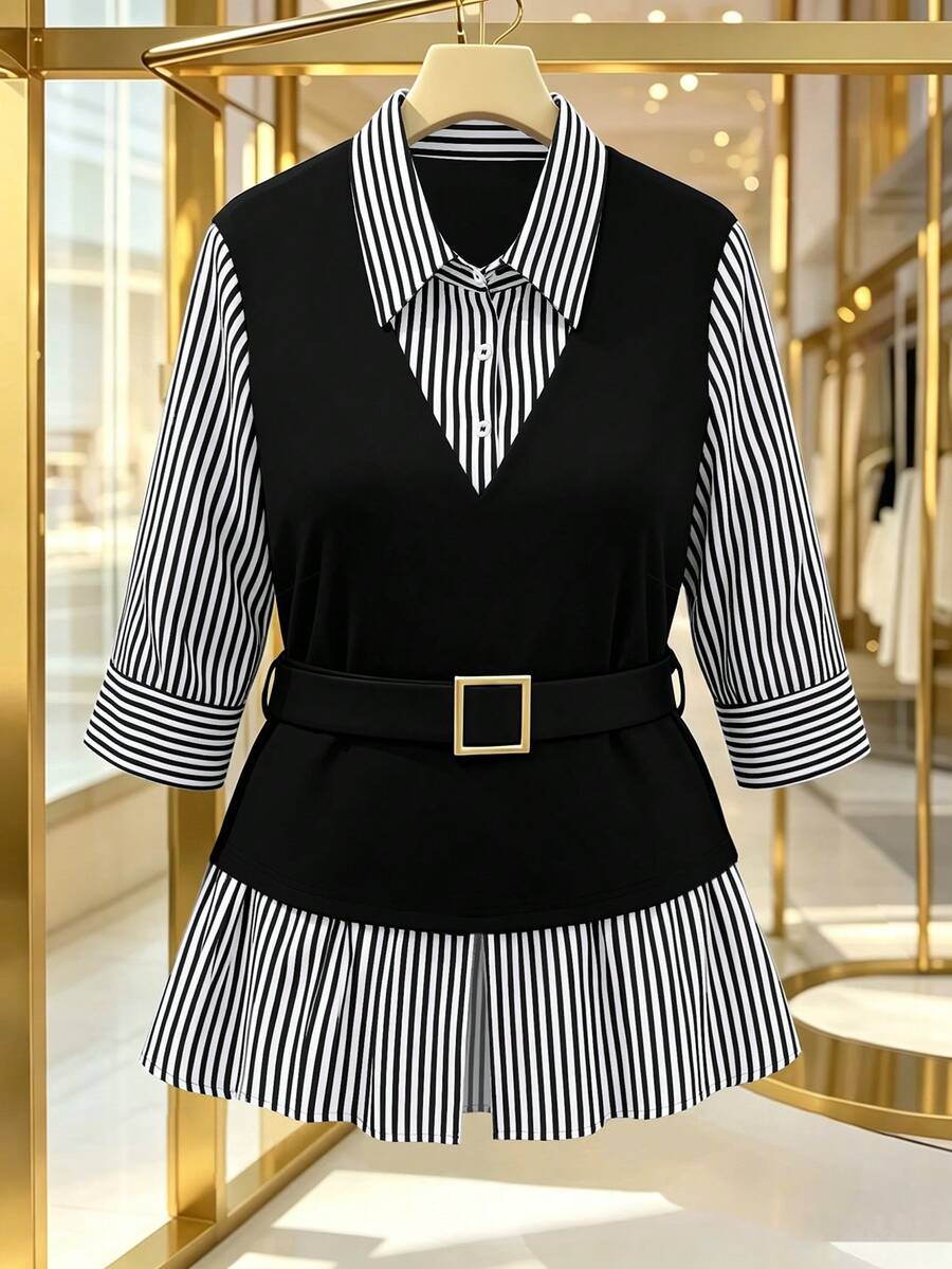 GlowEve CURVE Plus Size Women's Striped 2 In 1 Patchwork Casual Versatile Daily Outing Shirt Fall - Black and White - View 1