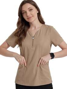 TaskEZ Earth Tone Short Sleeve Sweetheart Neck Zipper Multi-Pocket Convenient Comfortable Scrub Uniform Top - Camel - View 6