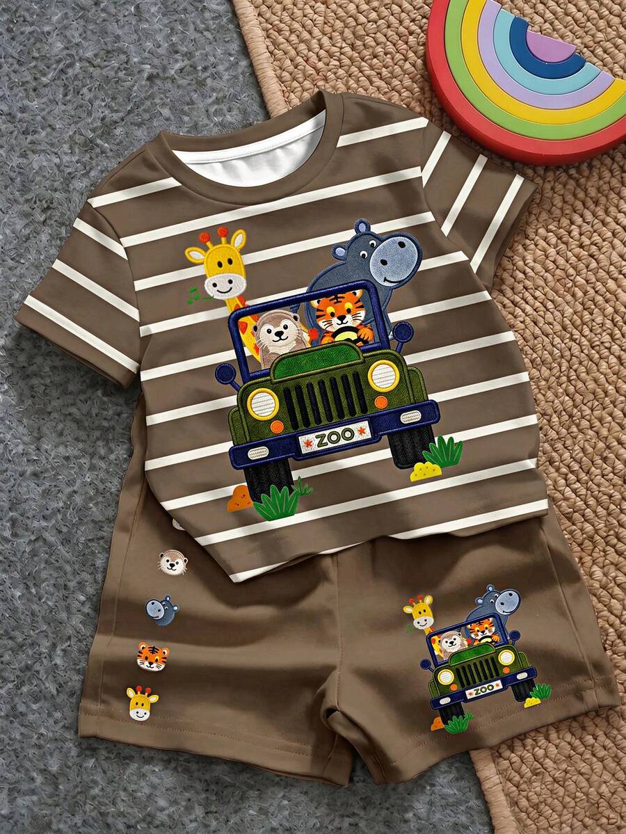 SHEIN LMoss Kids 男嬰休閒極簡風T恤套裝,適合夏季,經典可愛條紋、動物遊行、小車卡通印花 - 彩色 - 查看 1