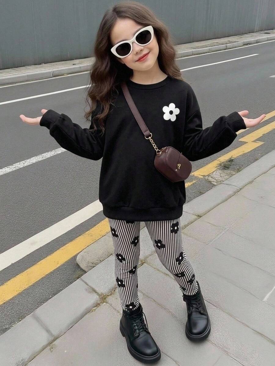 Young Girl Casual Crew Neck Long Sleeve Sweatshirt & Leggings 2 Pieces Set, Suitable For Autumn/Winter Back To School Pull Autumn And Winter - Multicolor - View 1
