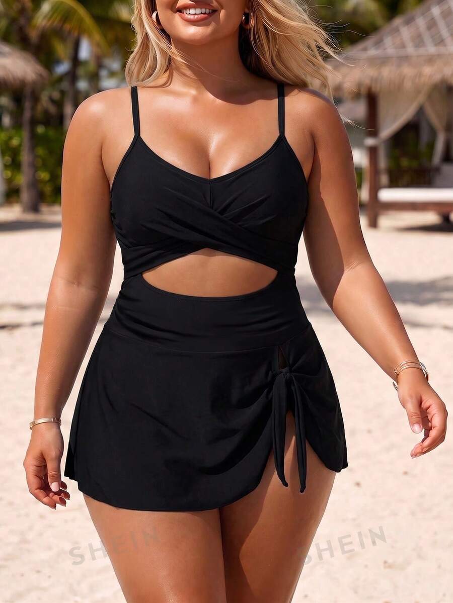 Swim Lushoire 2026 New Spring/Summer Plus Size Women's Vacation Beach Wear Solid Color Cutout Design Spaghetti Strap Swim Dress With Swim Shorts - Black - View 1