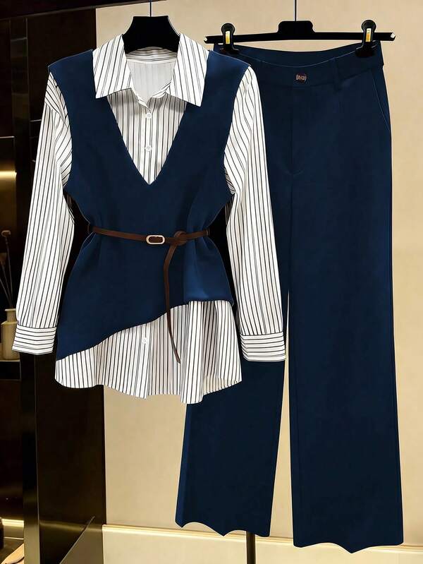 Franclia Women's Casual Fashion Cinched Waist 2 In 1 Shirt Vest And Slimming Wide Leg Pants Two Pieces Set