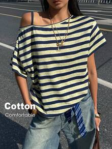 Coolane 女款不對稱肩條紋拼色休閒日常T恤 - 彩色 - 查看 2