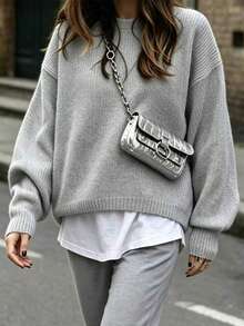 SHEIN LUNE Women's Solid Color Simple Casual Crew Neck Long Sleeve White Sweater - Grey - View 3
