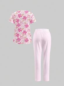 TaskEZ Scrub Set Short Sleeve Top And Long Pants With Pencil And Apple Print Pattern, Suitable For Work Commute And Pet Hospital, Back To School Season - Multicolor - View 2
