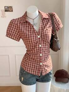 Comfortcana Kemeja Kotak-kotak Lengan Pendek Berkerut Gaya Vintage Kasual Wanita, Pakaian untuk Perjalanan Sehari-hari, Pakaian untuk Jalan-jalan, Streetwear, Cocok untuk Perjalanan Harian, Kencan, Berkumpul, Musim Gugur/Dingin, Musim Panas, Pesta, Pernikahan, Pantai, Upacara Wisuda, Elegan, Kasual, Jalan-jalan, Y2K, Pakaian Festival Musik, Pakaian Liburan, Pakaian Kembali ke Sekolah - MultiWarna - View 4