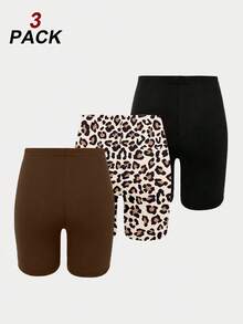 3pcs/Set Celana Pendek Sepeda Anak Perempuan Musim Semi/Panas/Gugur Kasual Modis Motif Leopard & Warna Polos, Nyaman untuk Dipakai Sehari-hari - MultiWarna - View 2
