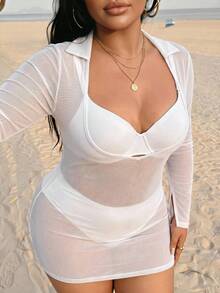 SHEIN Swim Plus Size Solid Color Versatile Sheer Long Sleeve Cover-Up Dress - White - View 6