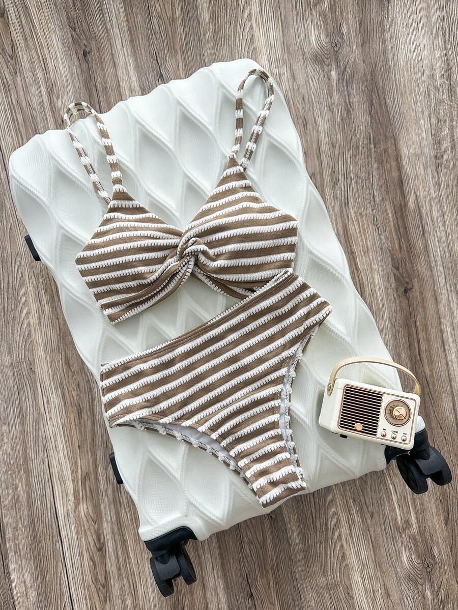 Swim SXY 女款夏季海灘條紋拼接細肩帶性感比基尼三角褲兩件式泳衣套裝 - 卡其色 - 查看 1