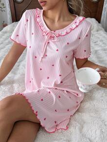 CottageSlumber Fashion All-Over Heart Print Round Neck Ruffle Short Sleeve Women's Casual Sleep Dress - Pink - View 5
