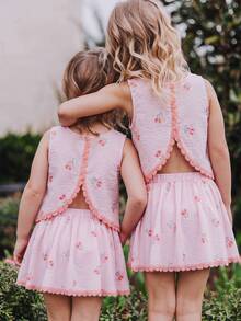 Emery Rose Kids Emery Rose Kids 少女花卉印花圓領上衣與彈性腰褶皺裙休閒日常套裝 - 粉色 - 查看 5
