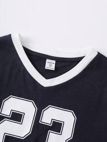 SHEIN 青少年女孩大學開學季數位印花T恤與長褲休閒兩件套 - 藏蓝色 - 查看 6