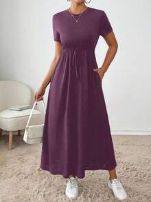 Dayvera Women's Casual Versatile Solid Color Drawstring Waist Short Sleeve Dress - Violet Purple - View 6