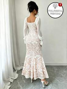 Elenzga Women's Square Neck Tie Bow Chiffon Petal Sleeve Spring Summer Autumn Date Party Daily Versatile Elegant Casual Sophisticated Long Dress Wedding White - Apricot - View 2
