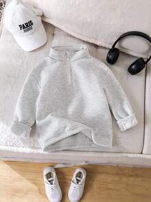 SHEIN Playful Pals 2件組少女針織衛衣，單面刷毛半拉鍊套頭上衣，休閒經典百搭淺灰色，秋季套裝 - 淺灰色 - 查看 4