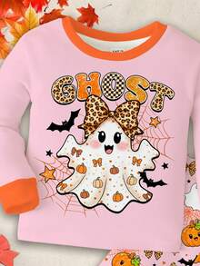 Halloween, Young Girl Casual Minimalist Cute Sweet Ghost, Pumpkin, Bat Pattern, Cream Color, Comfortable Long Sleeve Long Pants Loungewear Suitable For Autumn/Winter, Snug Fit, Looks Of Party, Cute, Cozy, Snug Fit - Multicolor - View 5