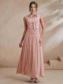 Anewsta Elegant Women's New Party Banquet Lotus Pink Shiny Fabric Patchwork Neckline Tie Bow Sleeveless Waist-Cinching A-Line Long Dress - Dusty Pink - View 5