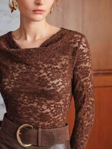 Anewsta Spring/Autumn Deep Brown Draped Neck Hollow Floral Lace Fitted Long Sleeve Sheer Commute Date Layering Inner Wear Women's T-Shirt - Brown - View 7