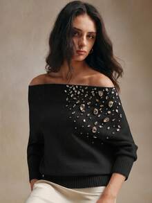 Anewsta 女款露肩聖誕優雅珠飾冬季針織毛衣 - 黑色 - 查看 5